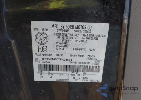 2007 Ford F-150 Fx4/Lariat/Xlt from USA, damaged, VIN 1FTPW14507FA08874